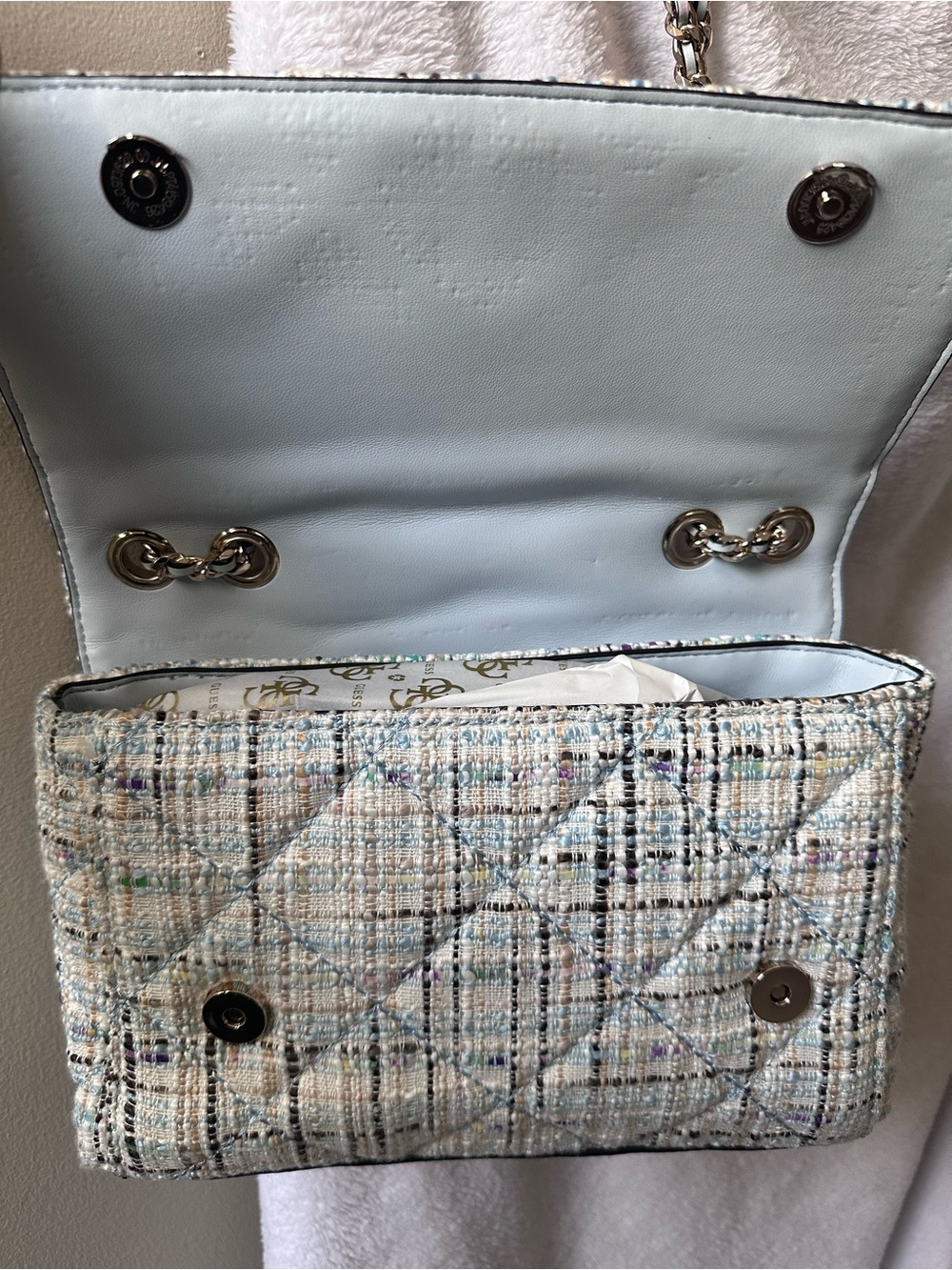 GUESS Light Blue Quilted Tweed Shoulder Bag with Chain Strap - Picture 5 of 7